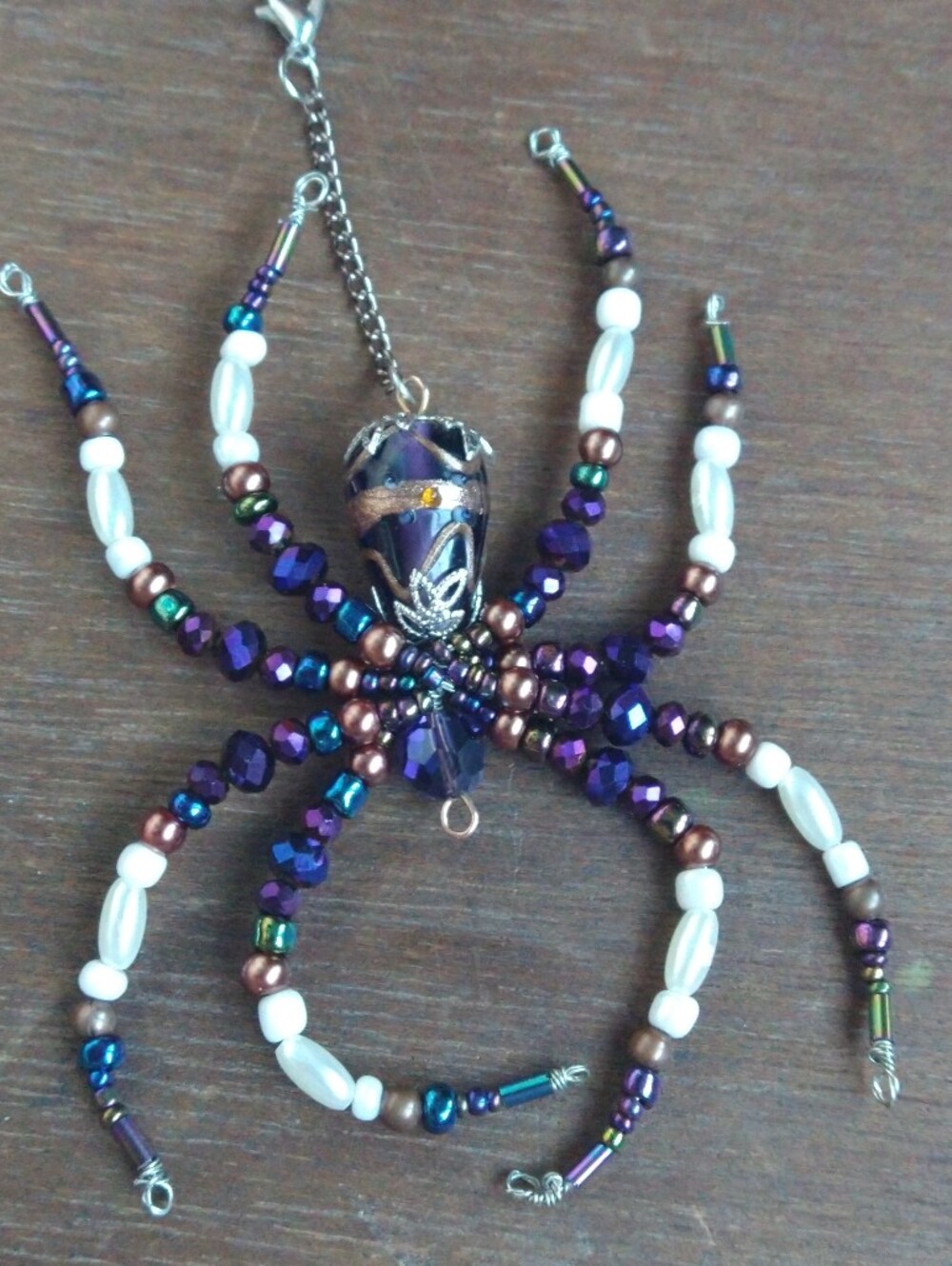 Hand Crafted • Beaded Spider Pendant Necklace - Purple, Brown & Pearl - Picture 10 of 12